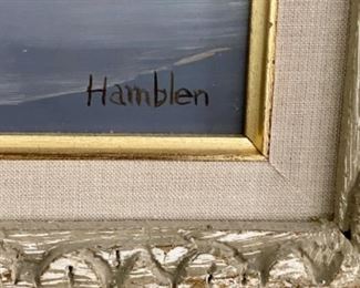Lot 6024. $225.00. Beautiful oil painting by Robert Hamblen (1932-2017) "Sea Coast" #12. 23x19". Shabby Chic frame - Mr. Hamblen won many an award for his seascapes. This is a very peaceful painting, intended to calm the viewer. We also have Hamblen at Lot 6139.