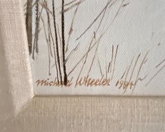 Lot 6028. $1,050.00. Lovely acrylic painting by Michael Wheeler, 21.5" x 18"t. "Start of Something Big". What a magnificent painting! Michael Wheeler was born in Pittsburgh in 1952 and was educated at Carnegie Mellon University and Carnegie Institute Museum. He has earned several awards including: Gold Medal National Scholastic Art Exhibit, Art Magazine Award Arts for the Parks Jackson Hole, Wy.