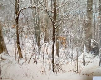 Lot 6028. $1,050.00. Lovely acrylic painting by Michael Wheeler, 21.5" x 18"t. "Start of Something Big". What a magnificent painting! Michael Wheeler was born in Pittsburgh in 1952 and was educated at Carnegie Mellon University and Carnegie Institute Museum. He has earned several awards including: Gold Medal National Scholastic Art Exhibit, Art Magazine Award Arts for the Parks Jackson Hole, Wy.