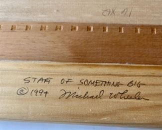 Lot 6028. $1,050.00. Lovely acrylic painting by Michael Wheeler, 21.5" x 18"t. "Start of Something Big". What a magnificent painting! Michael Wheeler was born in Pittsburgh in 1952 and was educated at Carnegie Mellon University and Carnegie Institute Museum. He has earned several awards including: Gold Medal National Scholastic Art Exhibit, Art Magazine Award Arts for the Parks Jackson Hole, Wy.