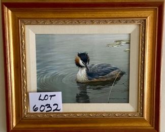 Lot 6032. $8,400.00 FIRM or best offer. Robert Bateman, born in 1930 Original oil on board "Great Crested Grebe (1983)". 9" x 12"w, signed and dated in the lower right. This is just a STUNNING oil painting. Purchased 2007 from Coeur d'Alene Art Auction in Idaho. Also included is an Art of Robert Bateman Book.