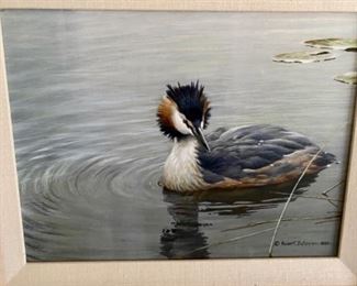 Lot 6032. $8,400.00 FIRM or best offer. Robert Bateman, born in 1930 Original oil on board "Great Crested Grebe (1983)". 9" x 12"w, signed and dated in the lower right. This is just a STUNNING oil painting. Purchased 2007 from Coeur d'Alene Art Auction in Idaho. Also included is an Art of Robert Bateman Book.