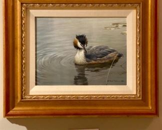 Lot 6032. $8,400.00 FIRM or best offer. Robert Bateman, born in 1930 Original oil on board "Great Crested Grebe (1983)". 9" x 12"w, signed and dated in the lower right. This is just a STUNNING oil painting. Purchased 2007 from Coeur d'Alene Art Auction in Idaho. Also included is an Art of Robert Bateman Book.
