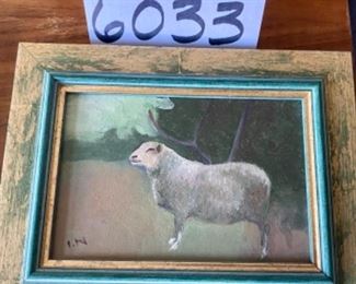 Lot 6033. $82.00 Set of 2 Framed Animals - original oils on canvas of ox and sheep. 7.5" x 6.5" l love these eclectic little farm animal paintings!
