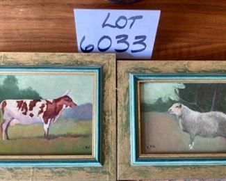 Lot 6033. $82.00 Set of 2 Framed Animals - original oils on canvas of ox and sheep. 7.5" x 6.5" l love these eclectic little farm animal paintings!