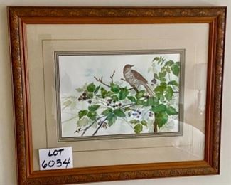 Lot 6034. $295.00. Original Watercolor by Cyndy Callog, 1994. Framed beautiful bird 15x10" image only. Exquisitely framed, measures 26x21.5"