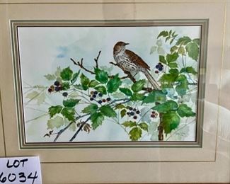 Lot 6034. $295.00. Original Watercolor by Cyndy Callog, 1994.. Framed beautiful bird 15x10" image only. Exquisitely framed measures 26x21.5"