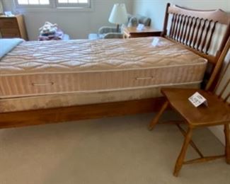 Lot 6036. $150.00. Pair of Twin Beds with spindle head and footboards and rails with mattresses and box springs. Headboards: 42"w x 38.5"t & Footboard: 42"w x 27.5"t. The matching bed is in storage in the basement and in great condition. Not sure about these mattresses - we did not test them out!