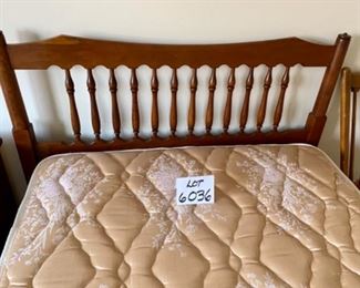 Lot 6036. $150.00. Pair of Twin Beds with spindle head and footboards and rails with mattresses and box springs. Headboards: 42"w x 38.5"t & Footboard: 42"w x 27.5"t. The matching bed is in storage in the basement and in great condition. Not sure about these mattresses - we did not test them out!