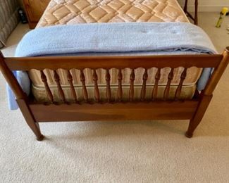Lot 6036. $150.00. Pair of Twin Beds with spindle head and footboards and rails with mattresses and box springs. Headboards: 42"w x 38.5"t & Footboard: 42"w x 27.5"t. The matching bed is in storage in the basement and in great condition. Not sure about these mattresses - we did not test them out!