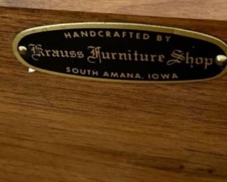 Lot 6038. $75.00 Hand-crafted Amish Made Side table, Krauss Furniture Shop. South Amana, IA. Crafted of walnut w/one drawer and one door. Has issues but could be transformed into quite a piece. Well-Made. 18"w x 17"d x 26"h