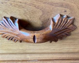 Lot 6038. $75.00 Hand-crafted Amish Made Side table, Krauss Furniture Shop. South Amana, IA. Crafted of walnut w/one drawer and one cabinet. Has issues but could be transformed into quite a piece. Well-Made. 18"w x 17"d x 26"h. check out the handle!