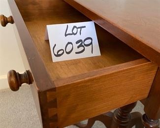 Lot 6039. $300.00. Vintage pair of side tables on a pedestal with one drawer. 3 legged pedestal with the turned wood leg. The drawer is dovetailed. These two are just stunning, heirloom quality. 20"w x 16"d x 27.5"h