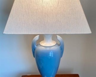 Lot 6040. $135.00. MCM Light Blue & Crisp White Porcelain Table Lamp, contemporary shade in white linen. 32"h, base is 7"sq