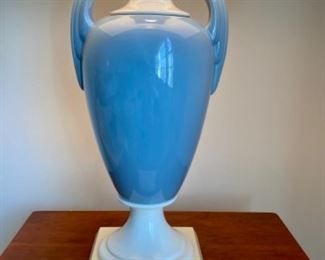 Lot 6040. $135.00. MCM Light Blue & Crisp White Porcelain Table Lamp, contemporary shade in white linen. 32"h, base is 7"sq