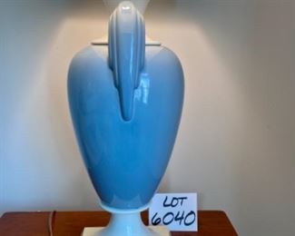 Lot 6040. $135.00. MCM Light Blue & Crisp White Porcelain Table Lamp, contemporary shade in white linen. 32"h, base is 7"sq