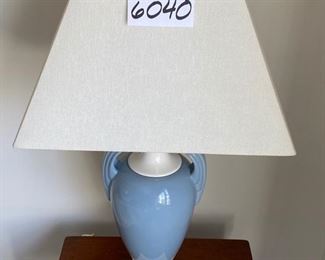 Lot 6040. $135.00. MCM Light Blue & Crisp White Porcelain Table Lamp, contemporary shade in white linen. 32"h, base is 7"sq