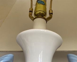 Lot 6040. $135.00. MCM Light Blue & Crisp White Porcelain Table Lamp, contemporary shade in white linen. 32"h, base is 7"sq