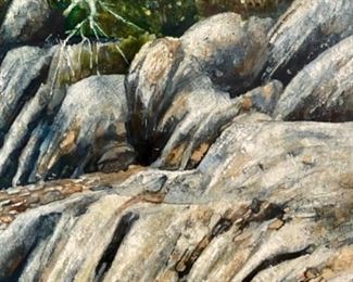 Lot 6041. $2,000.00.  Hand-signed original Allen Blagden watercolor "Rocky Shore" by the famed listed artist b. 1938. One of his paintings, "The Broad Axe" fetched $68,750 at Christie's!  29"h x 22"w