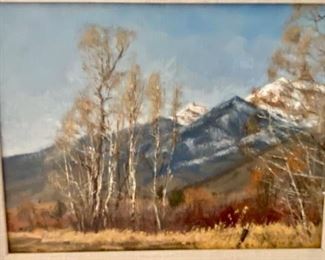 Lot 6043. $225.00. Original Oil on board, Snow Capped Mountains & Prairie. by Nathan Eversman "Warm Day" 17"w x 14"h