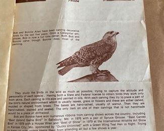 Lot 6044. $200.00. A Bonnie Allen Watercolor of a beautiful bird. 1982. 19"l x 15"h. From our research, Bonnie presently spends most of her time in the sculpture of birds, a subject she knows well.