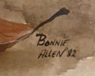 Lot 6044. $200.00. A Bonnie Allen Watercolor of a beautiful bird. 1982. 19"l x 15"h. From our research, Bonnie presently spends most of her time in the sculpture of birds, a subject she knows well.