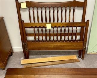 Lot 6036. $150.00. Pair of Twin Beds with spindle head and footboards and rails with mattresses and box springs. Headboards: 42"w x 38.5"t & Footboard: 42"w x 27.5"t. The matching bed is in storage in the basement and in great condition. Not sure about these mattresses - we did not test them out!