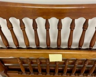 Lot 6036. $150.00. Pair of Twin Beds with spindle head and footboards and rails with mattresses and box springs. Headboards: 42"w x 38.5"t & Footboard: 42"w x 27.5"t. The matching bed is in storage in the basement and in great condition. Not sure about these mattresses - we did not test them out!