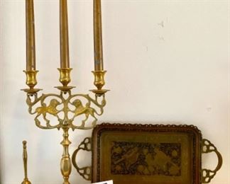 Lot 6052. $52.00 Lot of 5 Brass Pieces - Interesting vintage brass tray with birds etched, 16" x7.25", Brass 9"x14" Lion Candelabra (looks to be antique or quite vintage) 9"wx14", 7.25" Brass candle snuffer, 6.25" candle scissors and a 6" brass bell, 2.5" in diameter - makes a nice grouping,