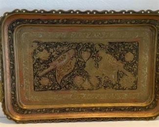 Lot 6052. $52.00 Lot of 5 Brass Pieces - Interesting vintage brass tray with birds etched, 16" x7.25", Brass 9"x14" Lion Candelabra (looks to be antique or quite vintage) 9"wx14", 7.25" Brass candle snuffer, 6.25" candle scissors and a 6" brass bell, 2.5" in diameter - makes a nice grouping,