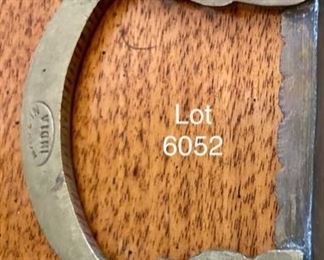 Lot 6052. $52.00 Lot of 5 Brass Pieces - Interesting vintage brass tray with birds etched, 16" x7.25", Brass 9"x14" Lion Candelabra (looks to be antique or quite vintage) 9"wx14", 7.25" Brass candle snuffer, 6.25" candle scissors and a 6" brass bell, 2.5" in diameter - makes a nice grouping,