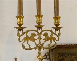 Lot 6052. $52.00 Lot of 5 Brass Pieces - Interesting vintage brass tray with birds etched, 16" x7.25", Brass 9"x14" Lion Candelabra (looks to be antique or quite vintage) 9"wx14", 7.25" Brass candle snuffer, 6.25" candle scissors and a 6" brass bell, 2.5" in diameter - makes a nice grouping,