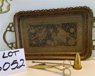 Lot 6052. $52.00 Lot of 5 Brass Pieces - Interesting vintage brass tray with birds etched, 16" x7.25", Brass 9"x14" Lion Candelabra (looks to be antique or quite vintage) 9"wx14", 7.25" Brass candle snuffer, 6.25" candle scissors and a 6" brass bell, 2.5" in diameter - makes a nice grouping,