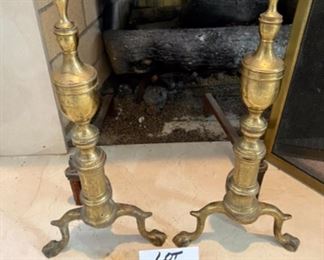 Lot 6053. $150.00. Brass Fireplace Screen in 3 sections - 27" w x two 12" side panels and a set of pretty Brass andirons 20" tall x 9.5" w