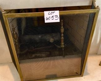 Lot 6053. $150.00. Brass Fireplace Screen in 3 sections - 27" w x two 12" side panels and a set of pretty Brass andirons 20" tall x 9.5" w