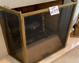 Lot 6053. $150.00. Brass Fireplace Screen in 3 sections - 27" w x two 12" side panels and a set of pretty Brass andirons 20" tall x 9.5" w
