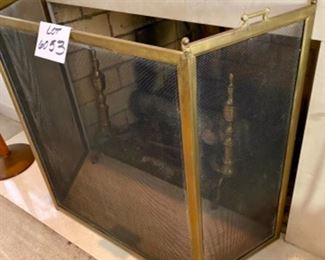 Lot 6053. $150.00. Brass Fireplace Screen in 3 sections - 27" w x two 12" side panels and a set of pretty Brass andirons 20" tall x 9.5" w