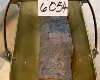 Lot 6054. $50.00 Brass 5 pc, tool set. 26" tall, 9" w, half moon shape. Also Brass Fireplace Log Holder 25.5" long x 15" wide