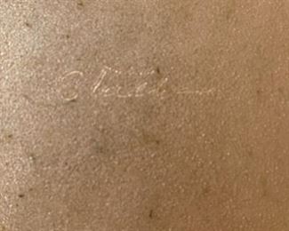 Lot 6058. $65.00. Leon Statham signed Enamel on Copper Mid Century Art Plates 2 Cobalt Blue, and made with design atop, Plates are 10" and 6-3/4" diameter, Fun to collect this MCM works of art - they look Danish Modern.