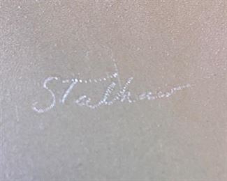 Lot 6058. $65.00. Leon Statham signed Enamel on Copper Mid Century Art Plates 2 Cobalt Blue, and made with design atop, Plates are 10" and 6-3/4" diameter, Fun to collect this MCM works of art - they look Danish Modern.