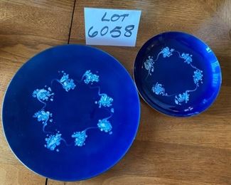 Lot 6058. $65.00. Leon Statham signed Enamel on Copper Mid Century Art Plates 2 Cobalt Blue, and made with design atop, Plates are 10" and 6-3/4" diameter, Fun to collect this MCM works of art - they look Danish Modern.