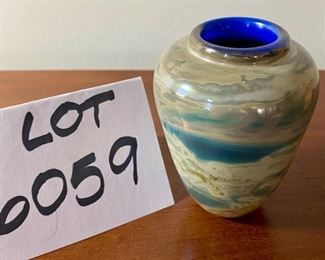 Lot 6059. $75.00 Beautiful Hand -blown Art Glass Vase in a Blue Swirl - amazing, it has a look of 3-dimensional Murano Glass but more interesting - Signed by artist John MacPherson, an MCM glass and paperweight artist. Such an intriguing vase!