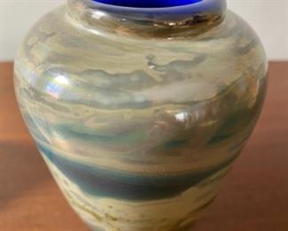 Lot 6059. $75.00 Beautiful Hand -blown Art Glass Vase in a Blue Swirl - amazing has a look of 3-dimensional Murano Glass but more interesting - Signed by artist John MacPherson, an MCM glass and paperweight artist. Such an intriguing vase!