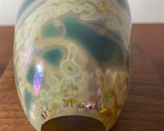 Lot 6059. $75.00 Beautiful Hand -blown Art Glass Vase in a Blue Swirl - amazing has a look of 3-dimensional Murano Glass but more interesting - Signed by artist John MacPherson, an MCM glass and paperweight artist. Such an intriguing vase!