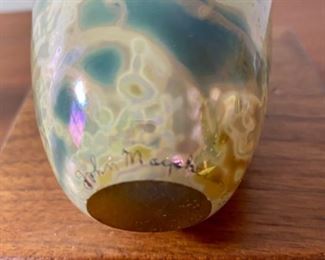 Lot 6059. $75.00 Beautiful Hand -blown Art Glass Vase in a Blue Swirl - amazing has a look of 3-dimensional Murano Glass but more interesting - Signed by artist John MacPherson, an MCM glass and paperweight artist. Such an intriguing vase!