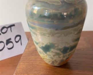 Lot 6059. $75.00 Beautiful Hand -blown Art Glass Vase in a Blue Swirl - amazing has a look of 3-dimensional Murano Glass but more interesting - Signed by artist John MacPherson, an MCM glass and paperweight artist. Such an intriguing vase!