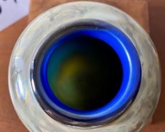 Lot 6059. $75.00 Beautiful Hand -blown Art Glass Vase in a Blue Swirl - amazing has a look of 3-dimensional Murano Glass but more interesting - Signed by artist John MacPherson, an MCM glass and paperweight artist. Such an intriguing vase!