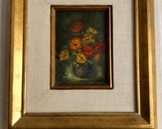 Lot 6061. $80.00. Gold framed Floral Oil Painting 13" x 15". signed but illegible. Neat colors.
