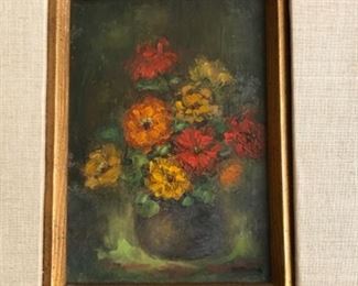 Lot 6061. $80.00. Gold framed Floral Oil Painting 13" x 15". signed but illegible. Neat colors.