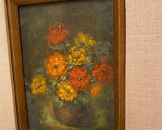 Lot 6061. $80.00. Gold framed Floral Oil Painting 13" x 15". signed but illegible. Neat colors. From another angle.